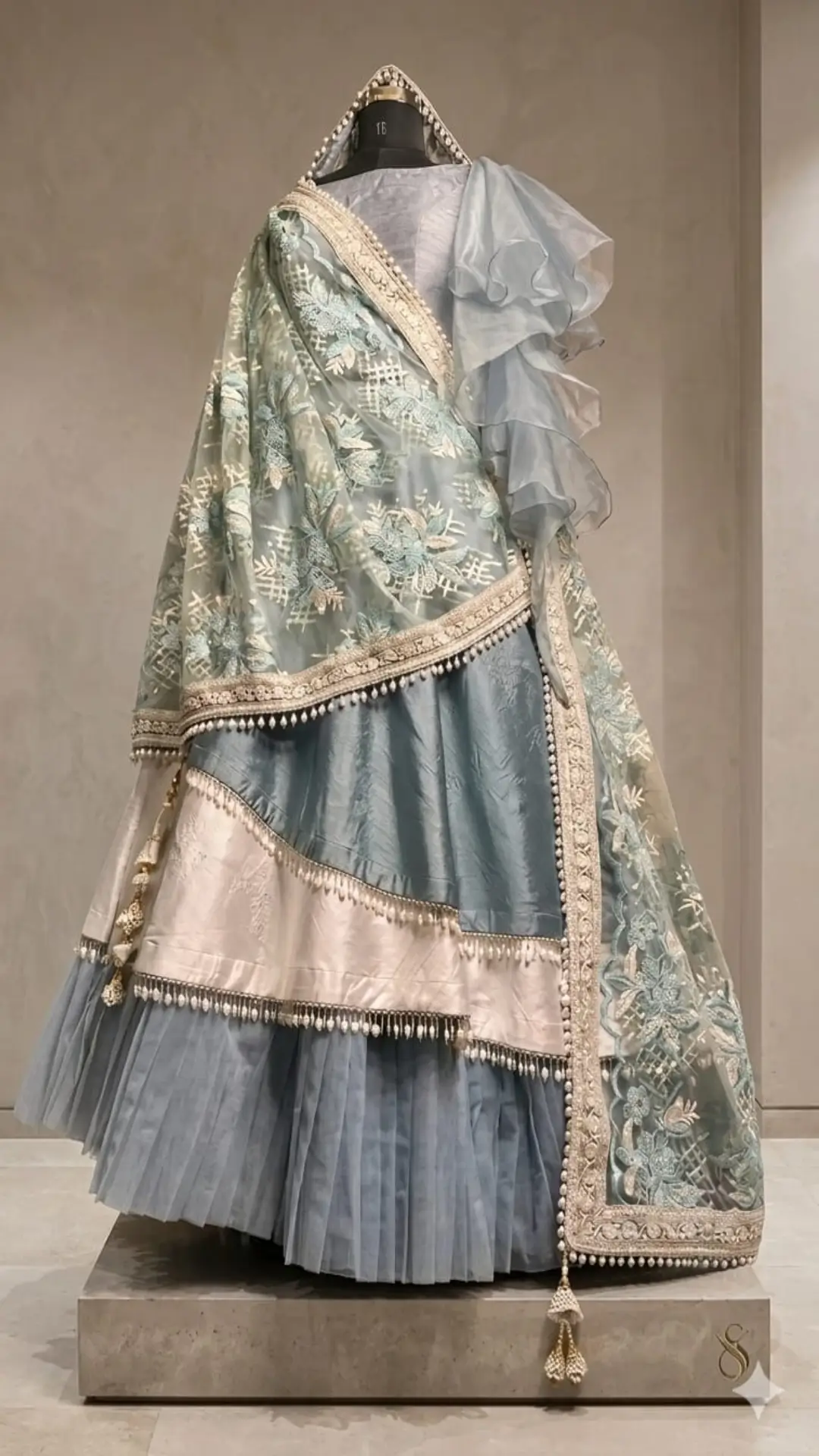 Enchanted Mist Grey Lehenga with Pleated Flow and Ruffle Sleeves