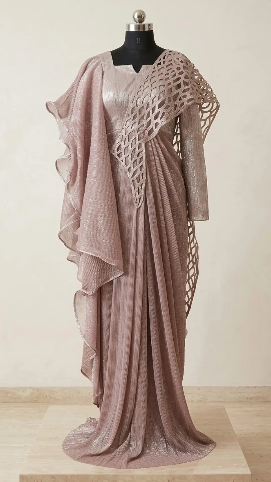 Ethereal Rose Gold Draped Gown with Architectural Detail 1
