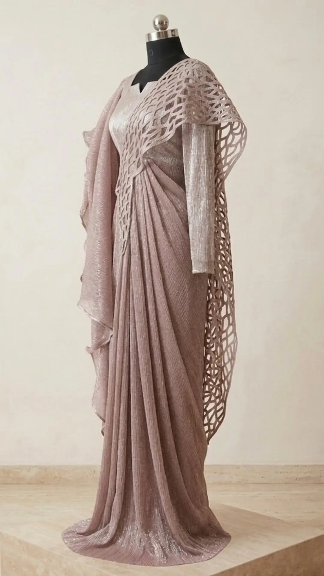 Ethereal Rose Gold Draped Gown with Architectural Detail