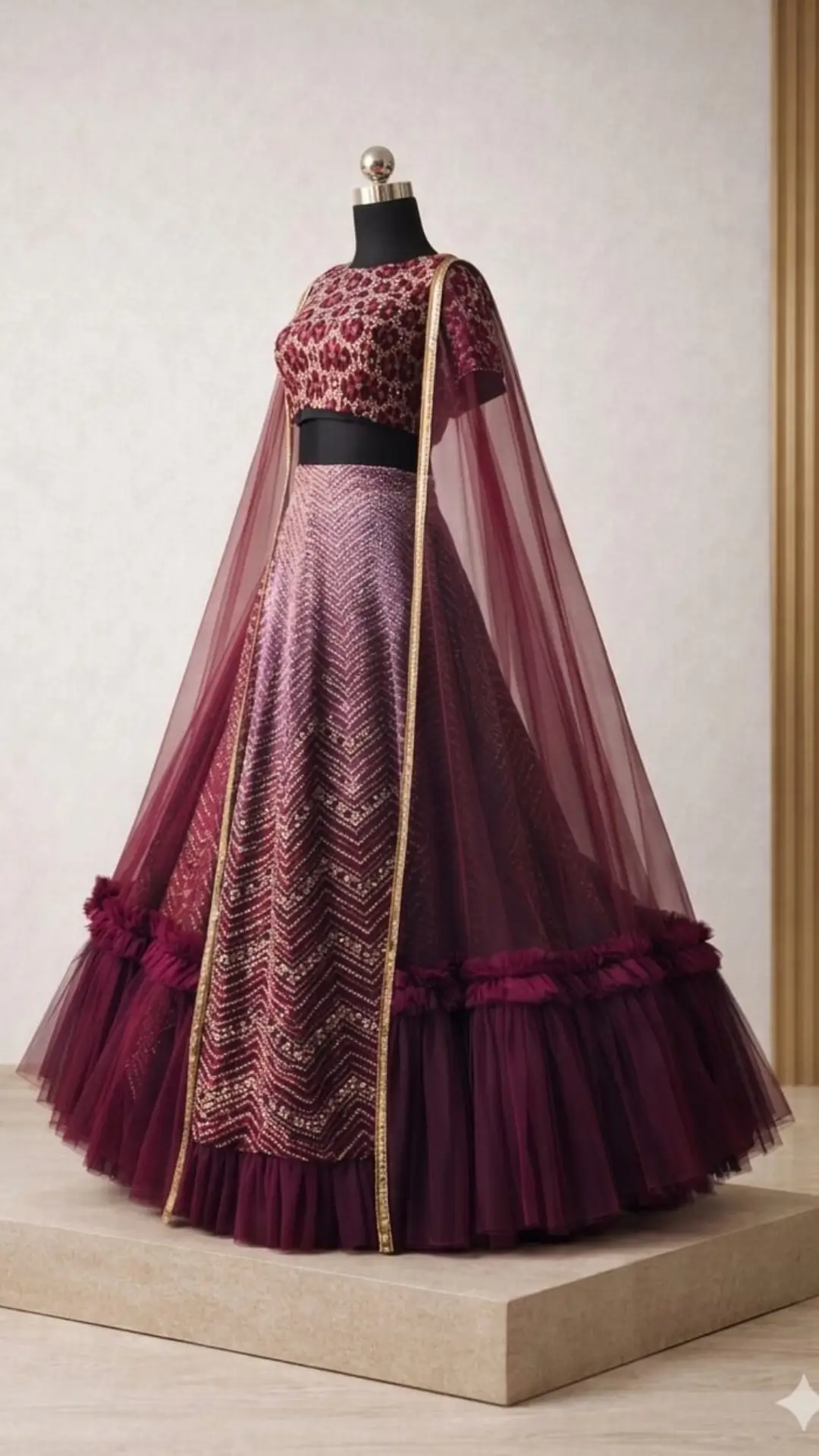 _Glamorous Burgundy & Purple Wedding Lehenga with Gold Embroidery – Fluffy Tulle Skirt