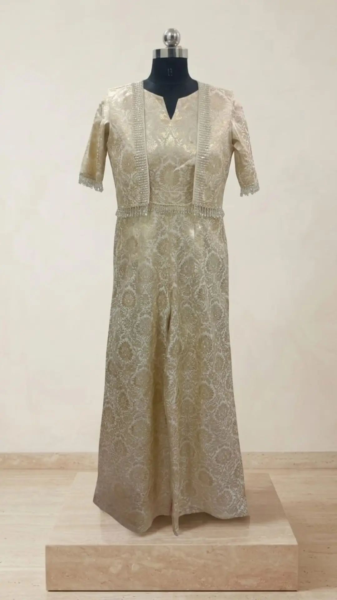 Majestic gold Brocade Jumpsuit and Jacket Set with Delicate Lace_
