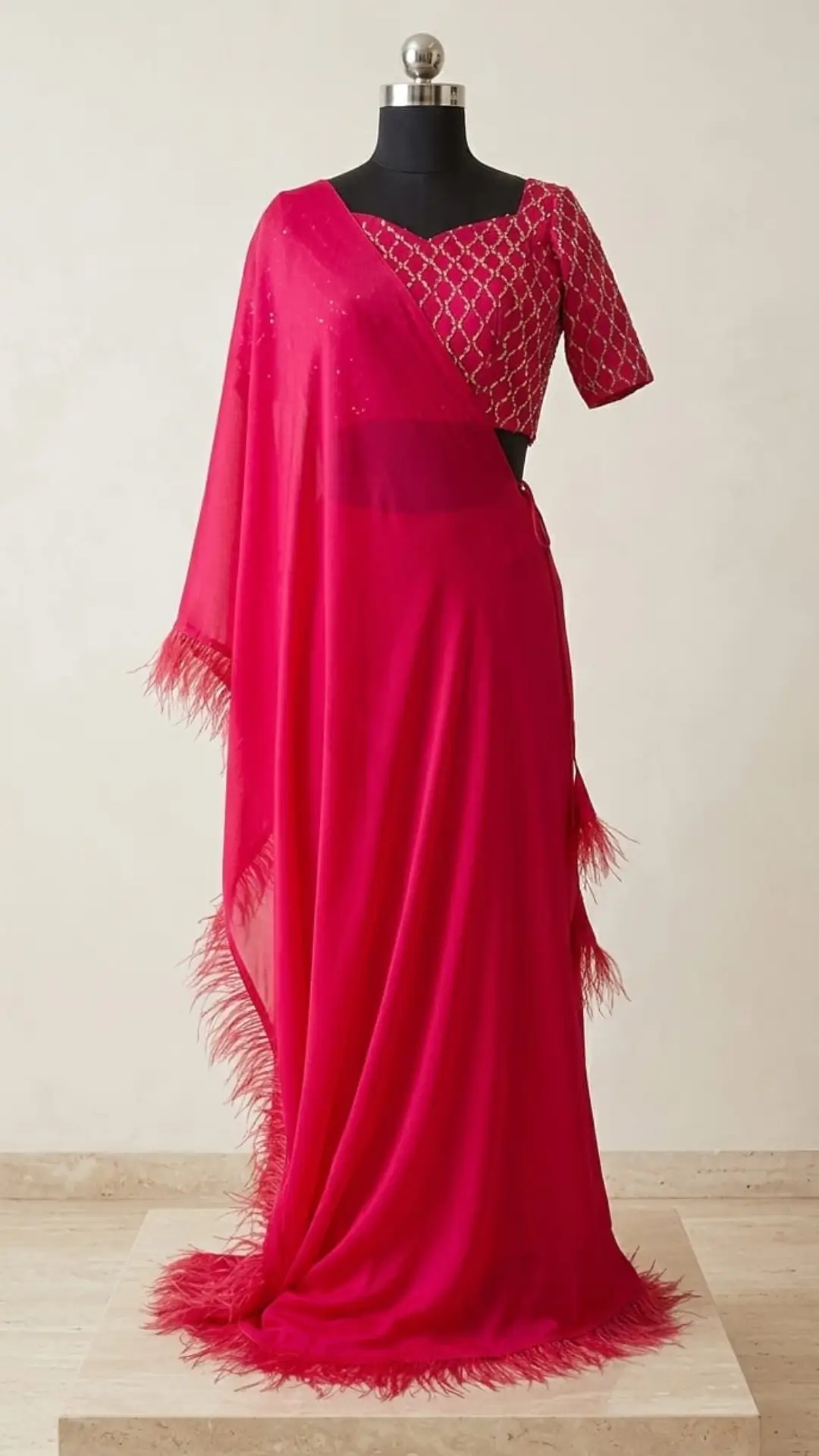 _Vibrant Fuchsia 3-Piece Ensemble with Sculpted Cape 1